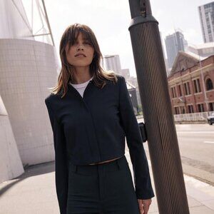 NWT ZARA ELASTIC RIB JACKET NAVY BLUE